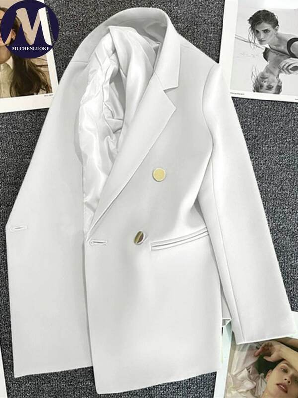 여성용 우아한 레저 단색 긴팔 블레이저, 한국 패션, 럭셔리 루즈핏 여성복, 용수철 가을, 2024 신상