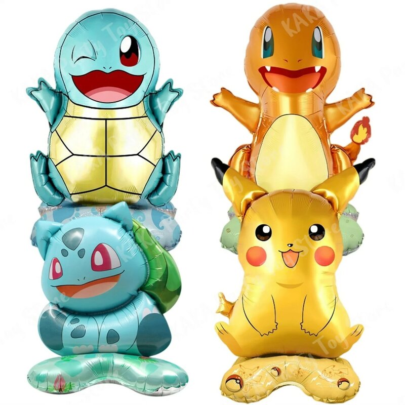 Standing Pokémon Figure Foil Balloon, Pikachu, Squirtle, Bulbasaur, Decoração dos desenhos animados Suprimentos, Kids Birthday Party Gift, 4pcs