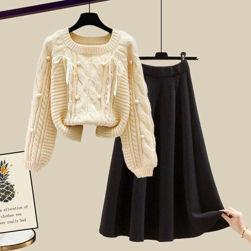 Conjunto de suéter de malha e meia saia feminino, estilo solto, grande, novo, outono e inverno, moda, 2 peças, 2023