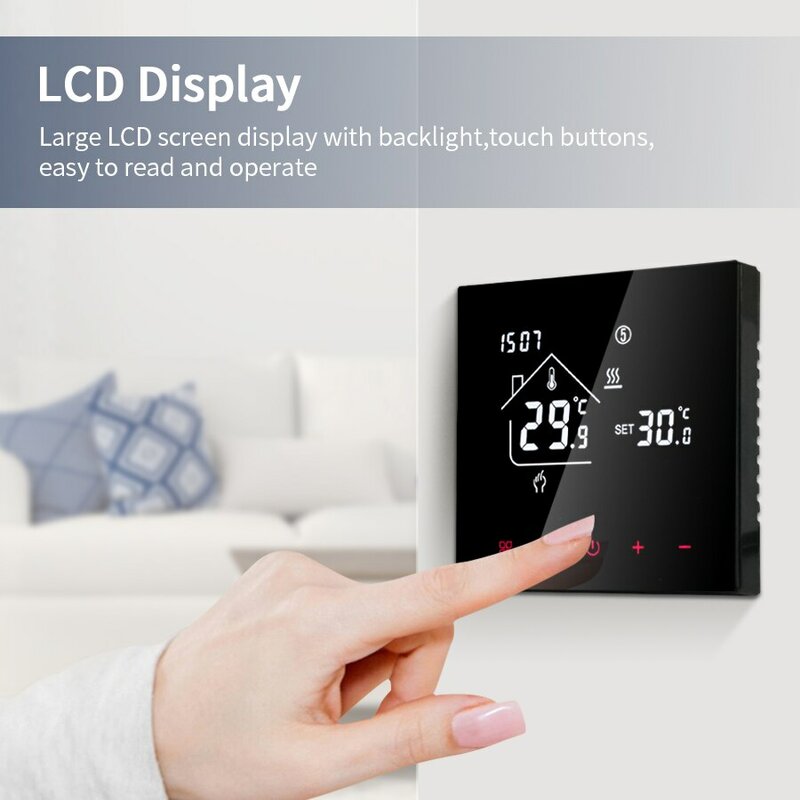 จอสัมผัส LCD ระบบทำความร้อนไฟฟ้าตั้งโปรแกรมได้ตัวควบคุมอุณหภูมิพื้น110V 220V สำหรับบ้าน