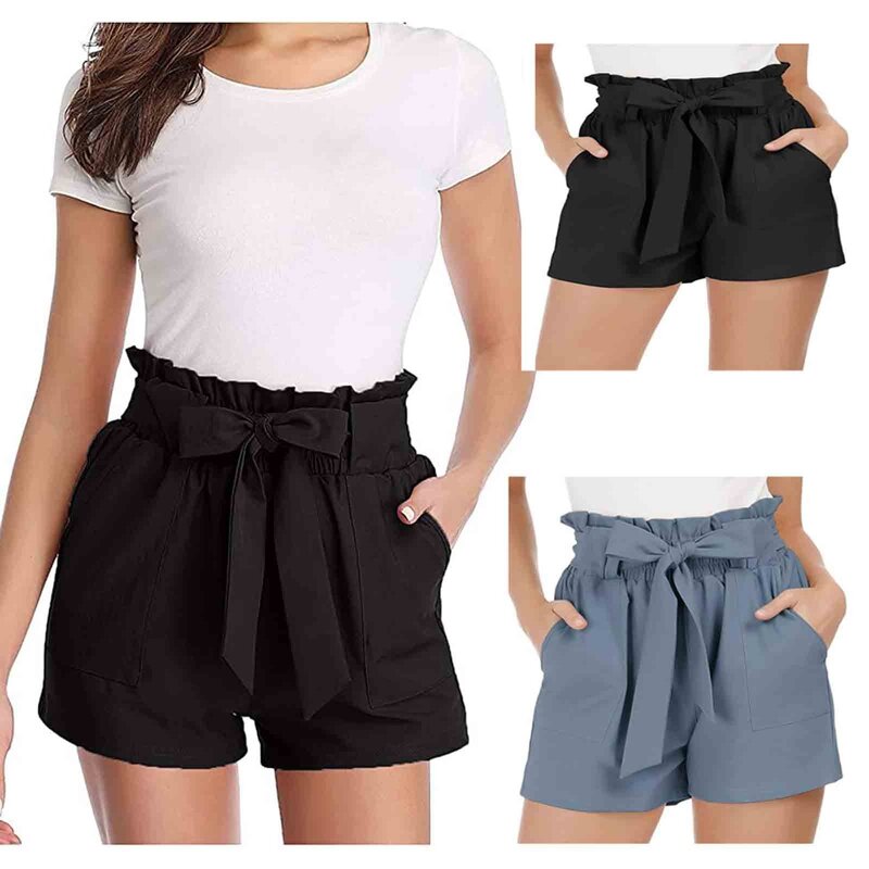 Shorts casuais sólidos femininos com bolsos, renda respirável, cintura elástica, linho de algodão, calça de treino, verão