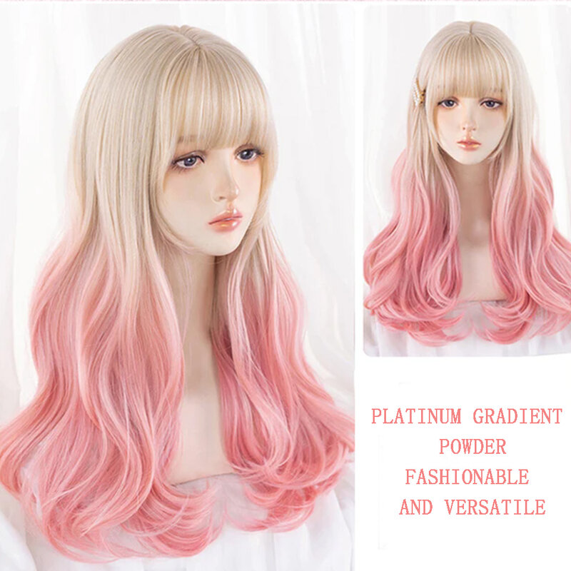 Długie włosy Naturalne fale Platynowe złoto Gradient Różowa peruka syntetyczna z grzywką Impreza Cosplay Lolita Peruka syntetyczna Żaroodporna Fi