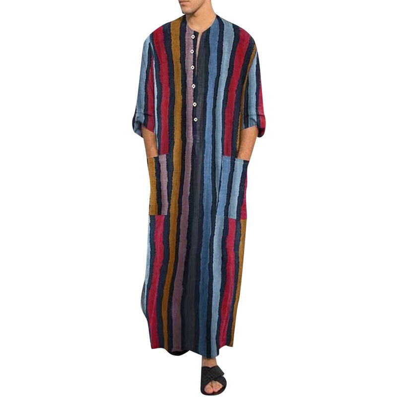 Abiti musulmani da uomo Arabian Striped manica lunga tasche in cotone abiti Casual Retro Kimono House gonna accappatoio in cotone Lingerie