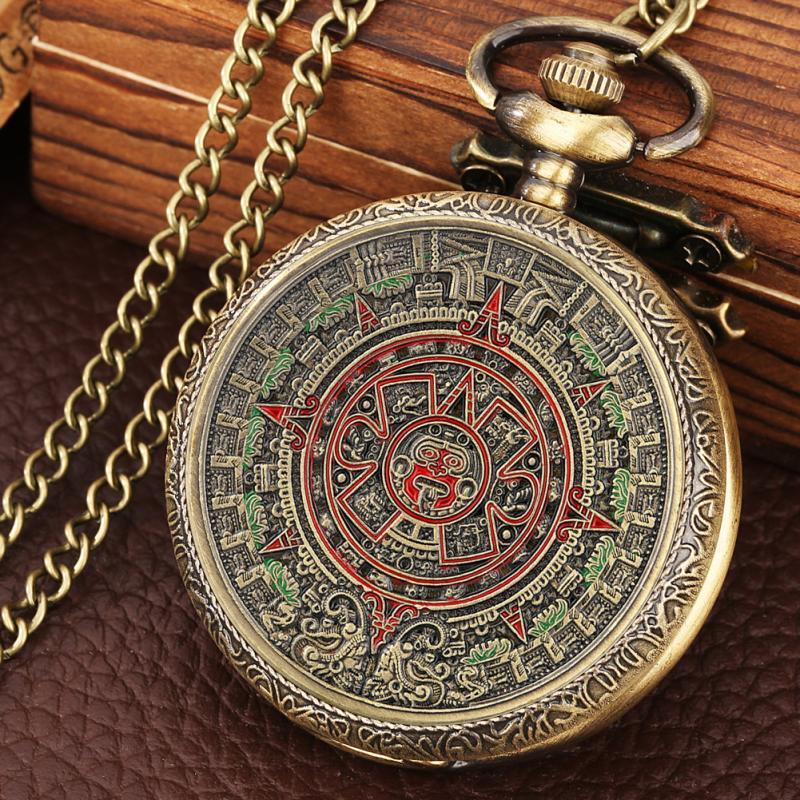 Bronze Mexican Maya Aztec Calendar Art Prophecy Culture Gold Plated Coin Quartz Pocket Watch with 80cm Necklace/38cm Waist Chain
