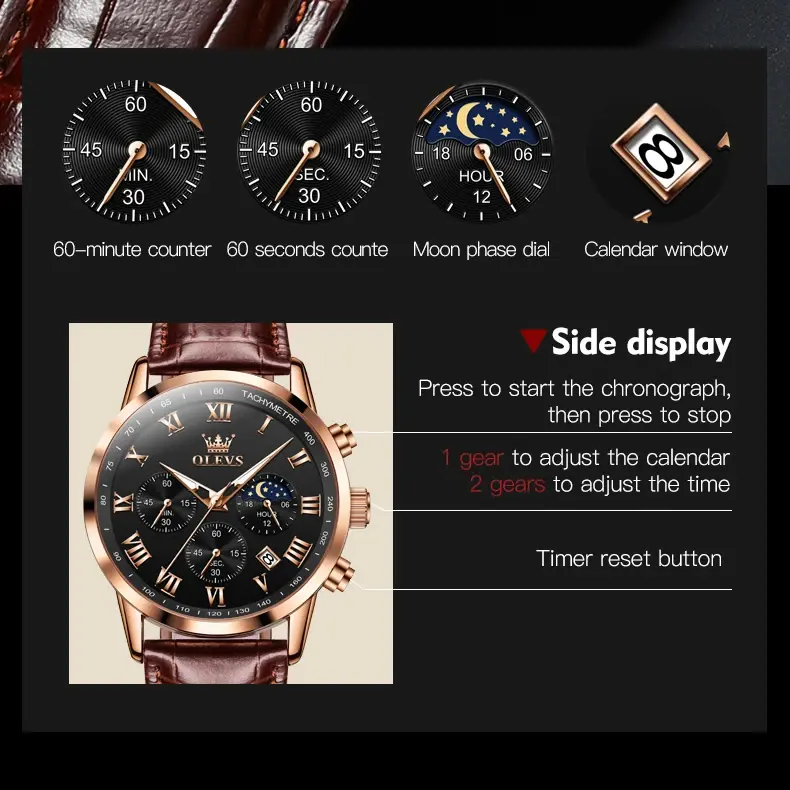 Спортивные многофункциональные качественные мужские наручные часы OLEVS 5529, Кварцевые водонепроницаемые часы с ремешком из натуральной кожи, мужские светящиеся часы с календарем