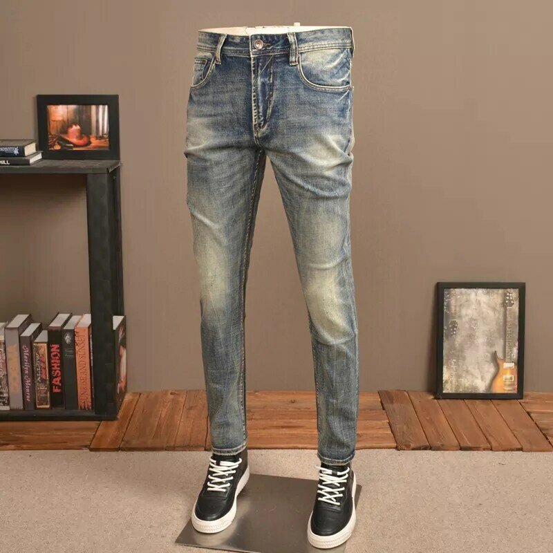 Projektant mody męskie jeansy wysokiej jakości Retro żółte niebieskie rozciągliwe dopasowanie Fit porwane jeansy męskie Vintage casualowe spodnie jeansowe Hombre