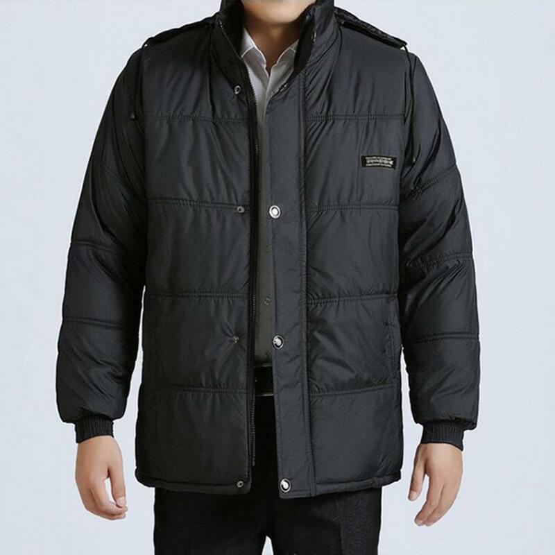 Men Coat Cotton Padded Long Sleeve Plush Lining Single Breasted Keep Warm Plus Size Drawstring Hood Formal Jacket Coat