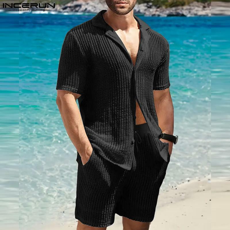 INCERUN-Conjunto de camisa e shorts de manga curta masculino, roupas de lapela transparentes, streetwear casual, moda verão, 2 peças, 2024