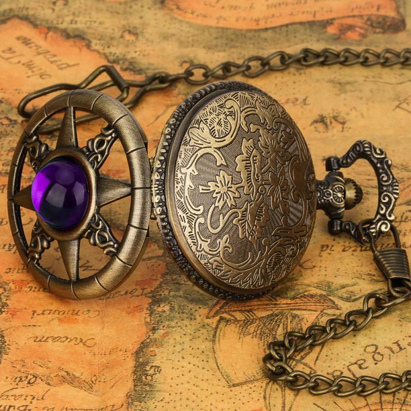 Montres de poche Steampunk en Bronze violet Jade pierre émeraude, chaîne pendentif horloge chiffres romains affichage Antique cadeau pour hommes femmes