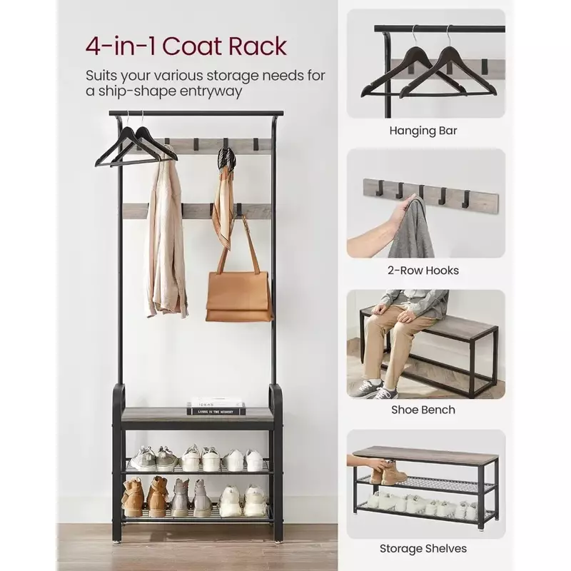 Coat hanger, entryway bench with coat rack, 4-in-1 with 9 detachable hooks, grey and black hanger