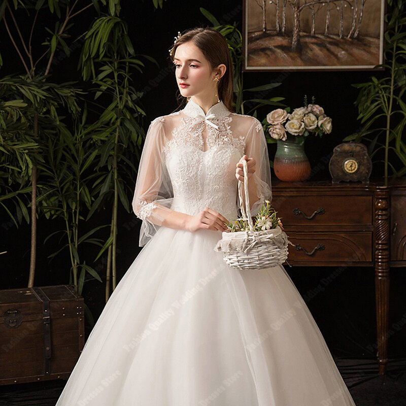 Luksusowe suknie ślubne bez pleców na szyję puszyste suknie ślubne nowe długie rękawy koronkowe aplikacje eleganckie Vestidos De Novia