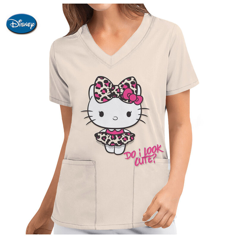 Hello Kitty Imprimir Uniforme de Enfermeira para Mulheres, Manga Curta, Bolsos, Médico, Saúde, Cuidador, Enfermeira, Blusa de Trabalho, Y2K
