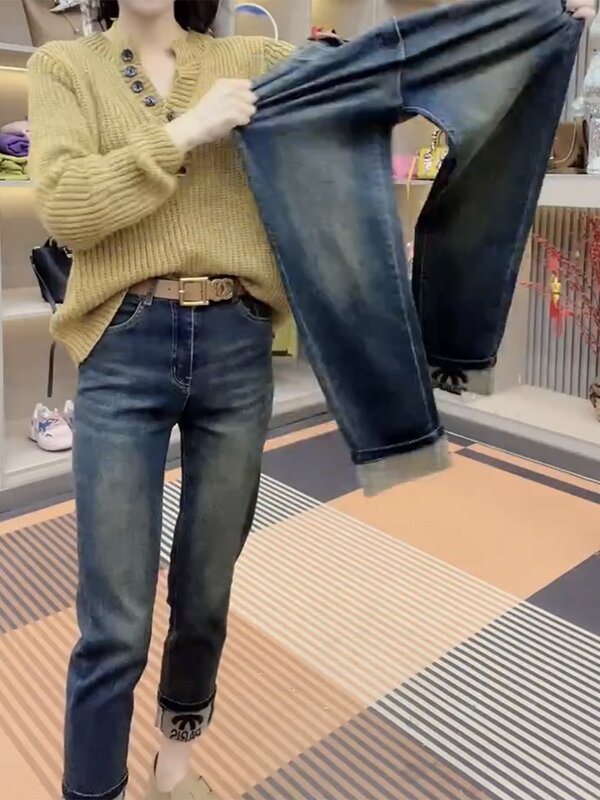 Jeansy damskie Y2k 2023 nowe proste nogawki damskie spodnie dżinsowe duże rozmiary wysokie wyszczuplająca talia rozciągane dziewięć minut fajki spodnie damskie
