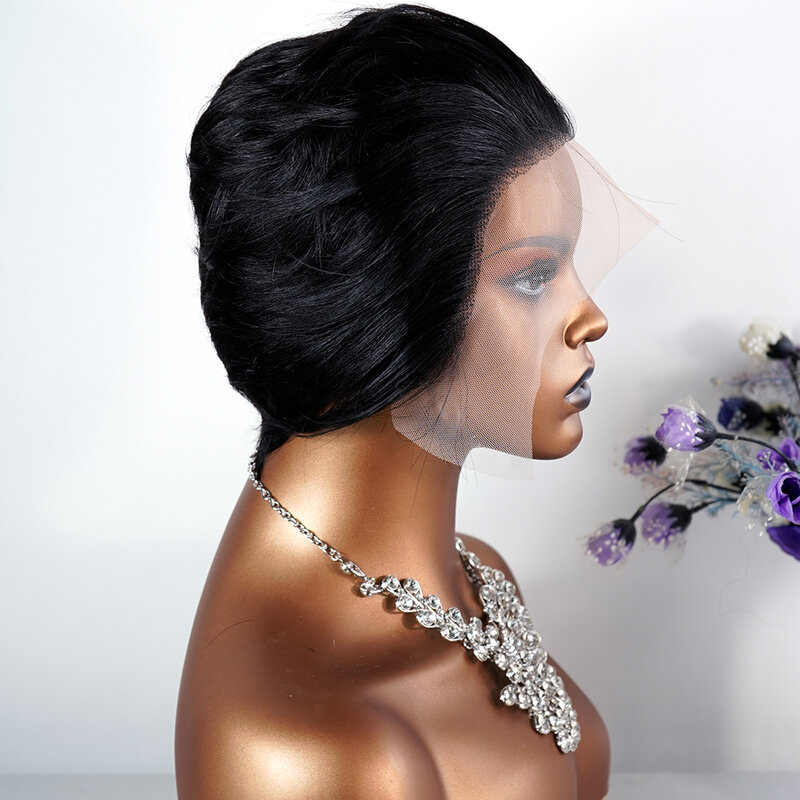 Peruka z krótkim fryzura Pixie z ludzkich włosów czarna wstępnie oskubane peruka z koronką dla czarnych kobiet w naturalnym kolorze, warstwowa peruka z ludzkich włosów Remy