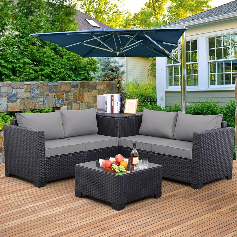 Outdoor PE Wicker Patio Furniture Set, 4 Piece Sectional Loveseat Couch Set Conversation Sofa with Storage Box Glass Top Table