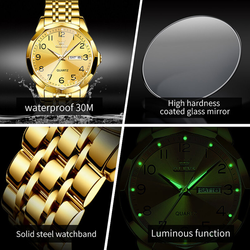 OLEVS-Relógio Quartz de Ouro Masculino, Aço Inoxidável, Impermeável, Negócios, Casual, Relógio de pulso, Data, Fashion