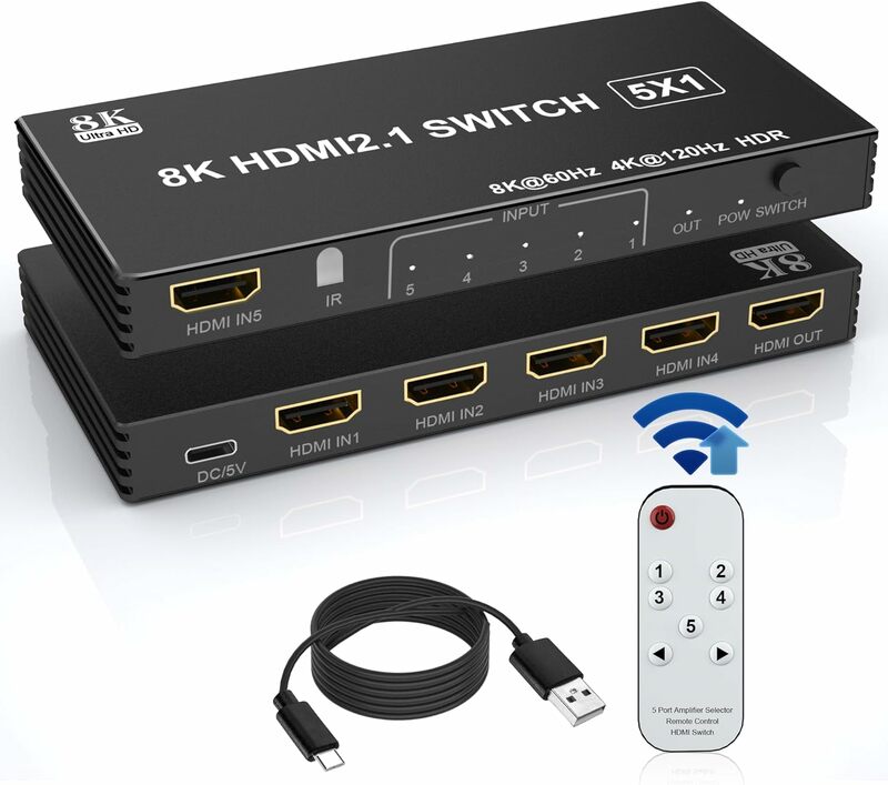HDMI Switch Splitter com Controle Remoto, 8K, 2.1 Hub, 5in 1Out, Múltiplas Entradas, Adaptador HDMI Multiport, Porta Expansor Switcher