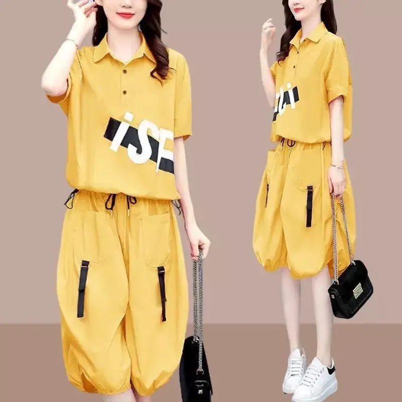 Fashion Two Piece Set Women's Printed Spliced Solid Color Knee Pants Sets Summer Loose Casual Polo-Neck T-shirt Female Clothing