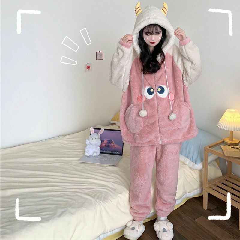 2024 New Design Cute Little Monster Pajamas Women Sleepwear Plush Autumn Winter Home Clothes Thick Coral Wool Ladies Loungewear