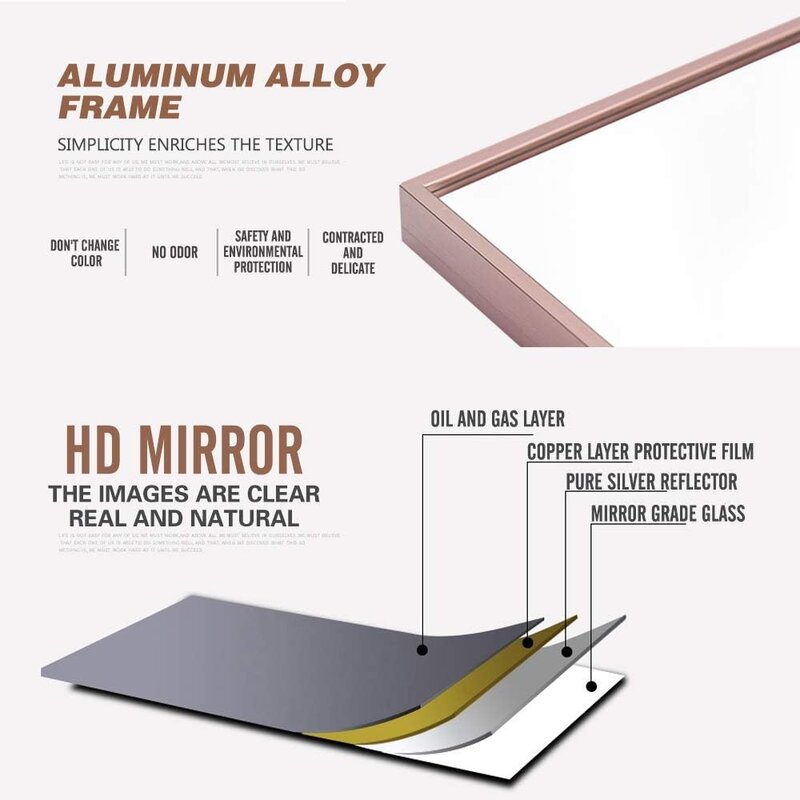 Miroir de fur sage Autoportant avec Support, du Sol au Plafond, avec Cadre Fin en Alliage d'Aluminium, Or Rose