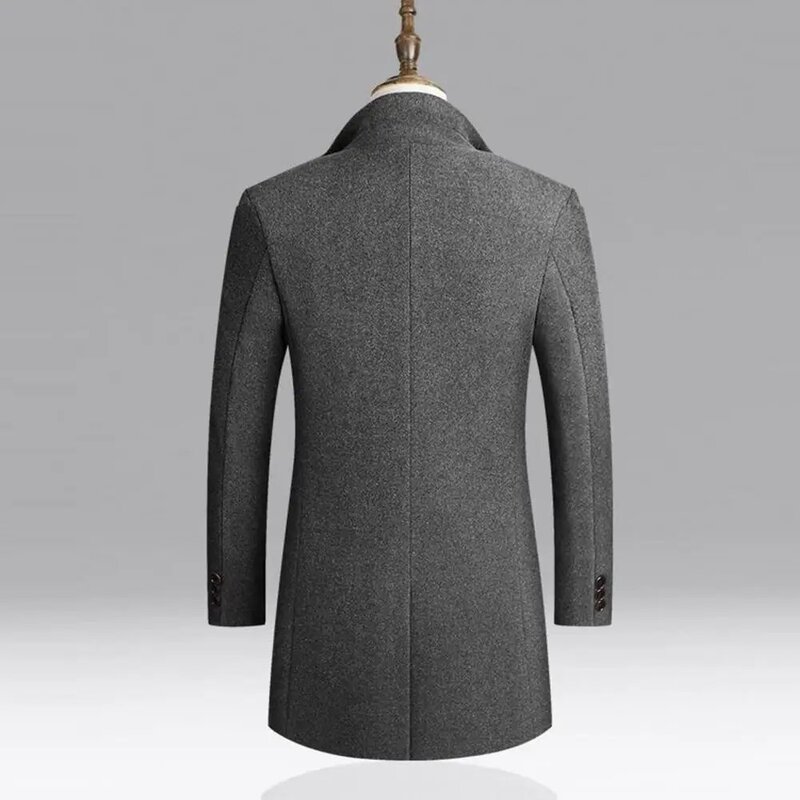 Casaco de lã de peito único masculino, trench coat de comprimento médio, blusão, lapela, manga longa, bolsos, monocromático, blazer espesso masculino