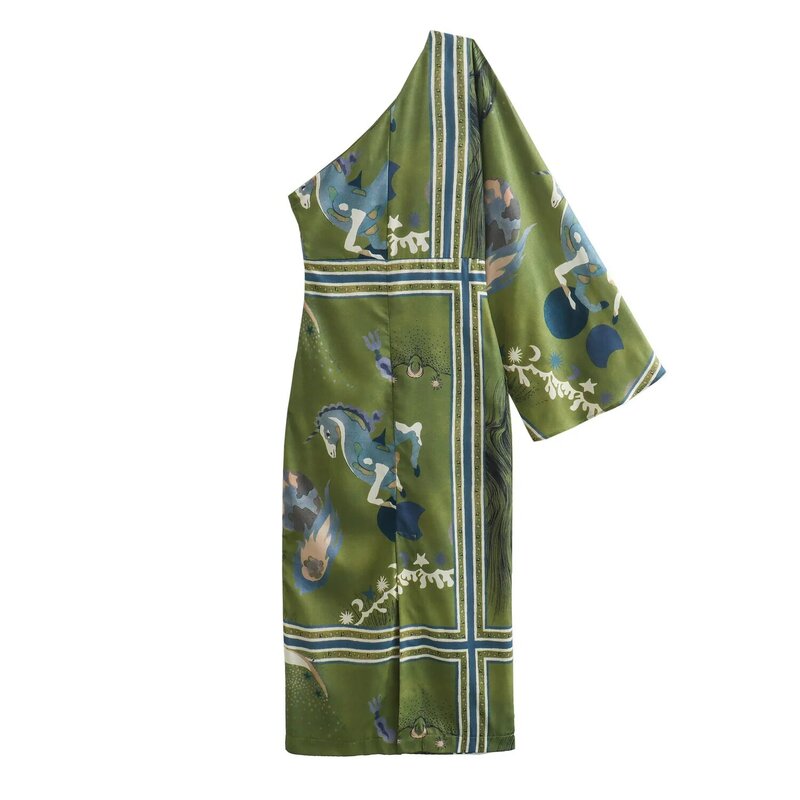 Kobiety 2024 Nowa szykowna moda Luźna asymetryczna sukienka midi z nadrukiem Vintage V Szyja Długi rękaw Kobiece sukienki Vestidos robe Muje