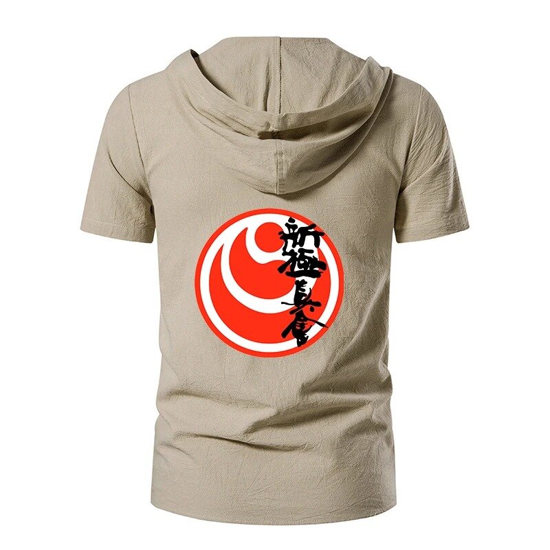 Men's Jingpin karate is popular in summer with cotton and linen, solid color, short sleeve hooded, casual and loose fashion, and