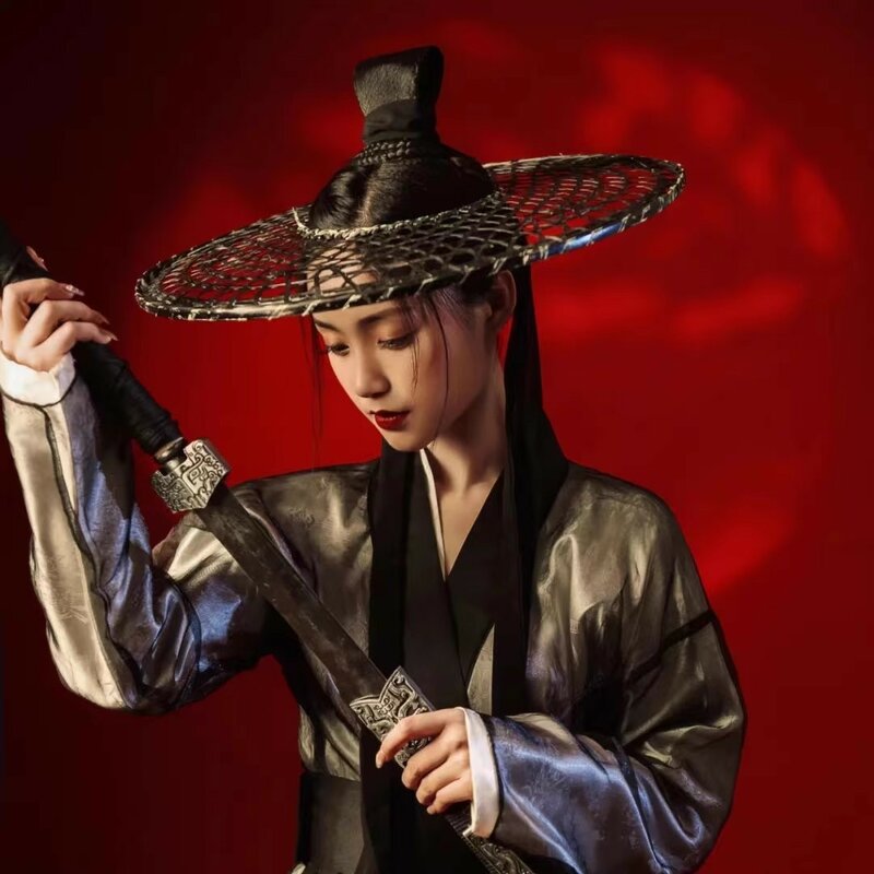 Hanfu หมวกห้อยสีขาวประดับลูกปัดหมวกร่มมีพู่ทรงถังดาบดาบหมวกผู้หญิงสำหรับถ่ายภาพชุดคอสเพลย์ Katana chinesa
