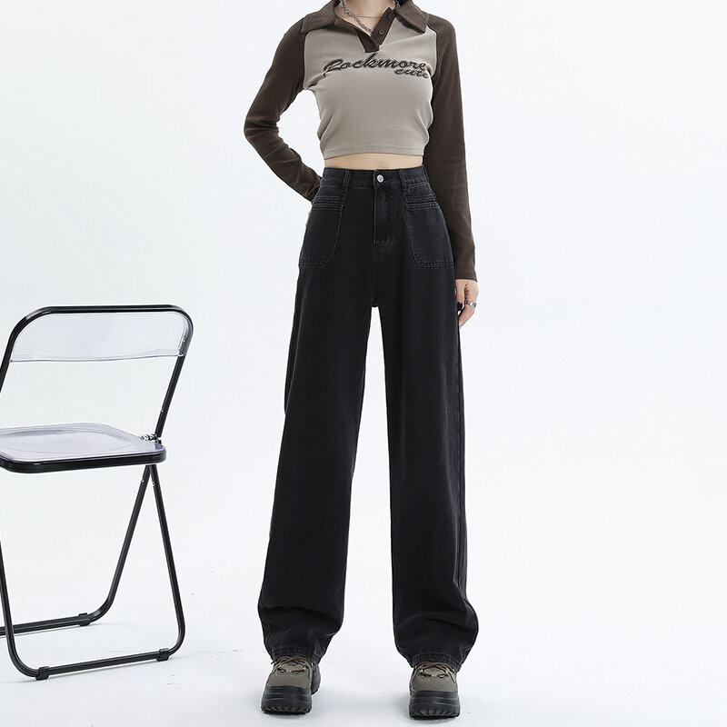 Women's Black Straight-leg Jeans Autumn And Winter High-waisted American Retro Design Style Niche Fashion Denim Trousers