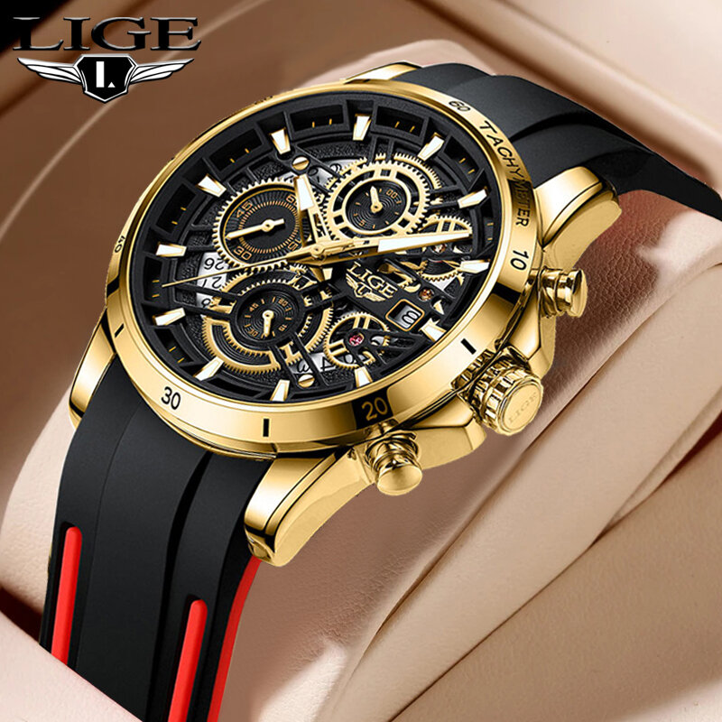 LIGE Luxury Watches For Men Fashion Silicone Strap Military Waterproof Sport Chronograph Quartz WristWatch Relogio Masculino+BOX