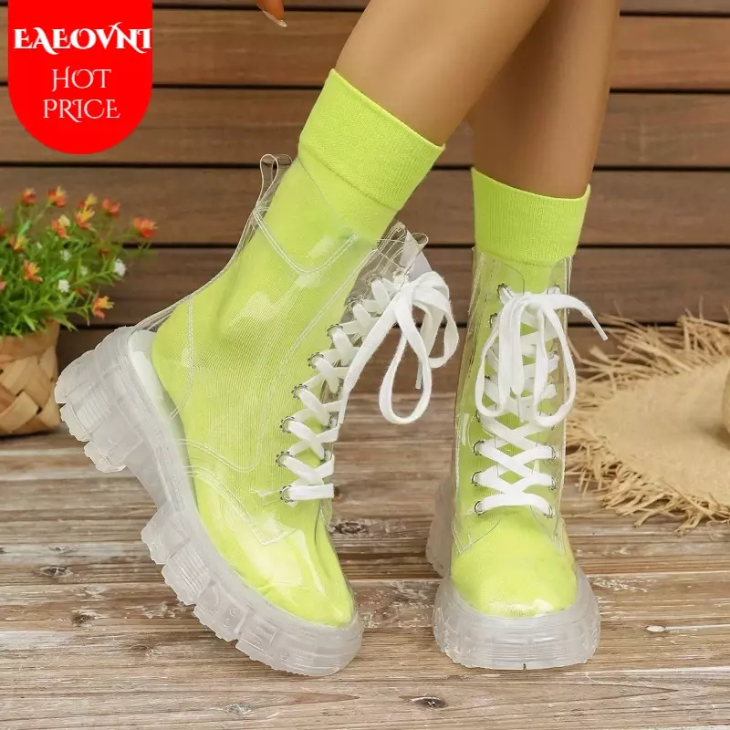 أحذية مطر شفافة للنساء ، أحذية كاحل مقاومة للماء للسيدات ، أحذية خارجية برباط ، أزياء Pu