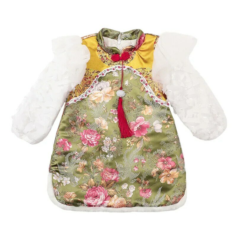 Robe d'hiver en coton pour filles, Qipao, costume Tang brodé pour enfants, vêtements rembourrés en coton