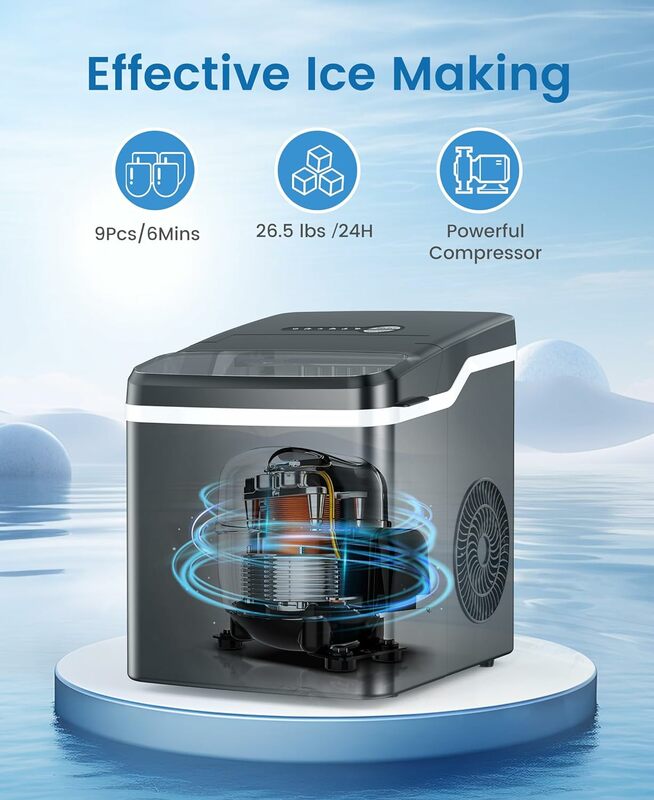 เคาน์เตอร์เครื่องทำน้ำแข็ง cowsar 26.5lbs/24H, 9ก้อนน้ำแข็งกระสุนใน6นาที, เครื่องทำน้ำแข็งด้วยตนเองพร้อมตะกร้าและตัก2ขนาด