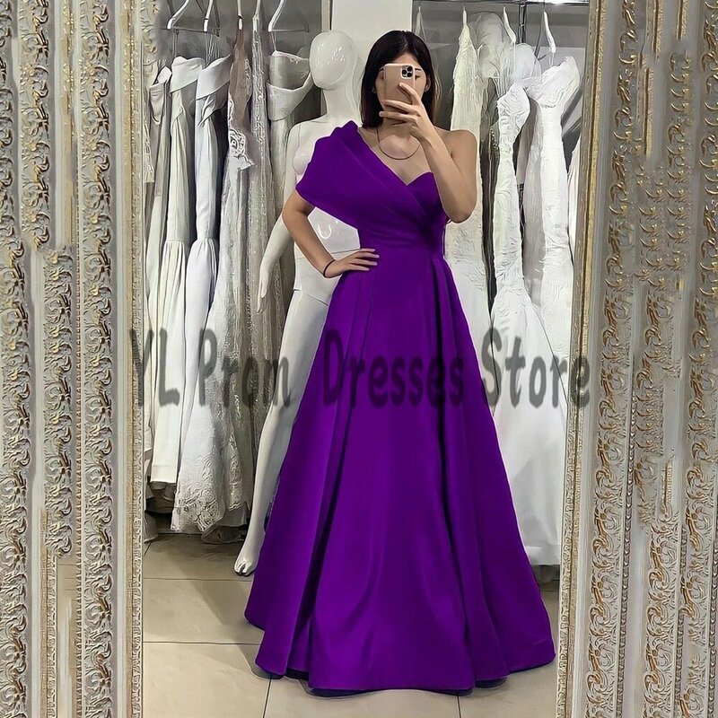YL Formal One Shoulder Prom Dresses High Waist Satin Pleated A-Line Evening Dress Sweep Train Asymmetrical Strapless Ball Gowns