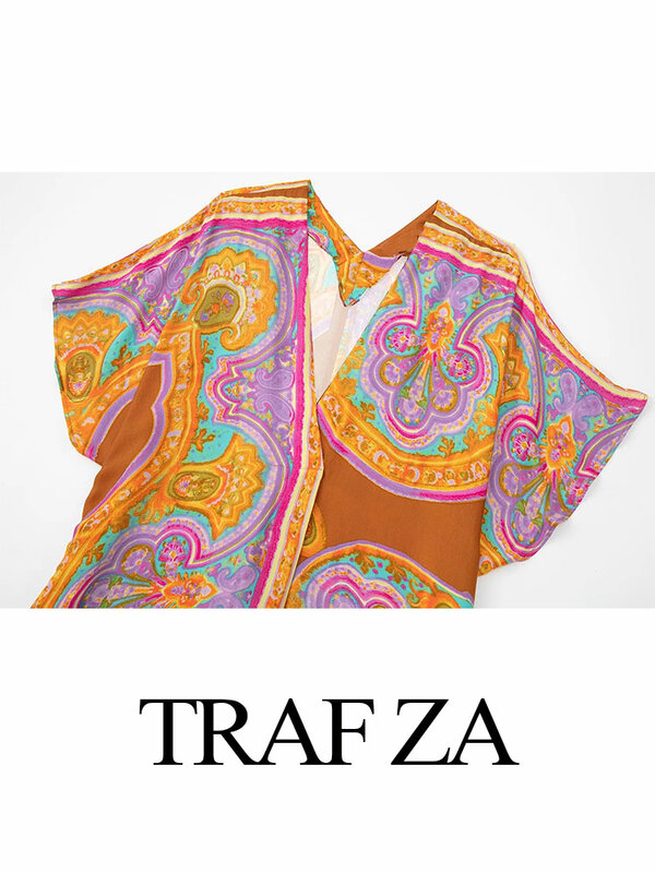 Travza Dress panjang Retro wanita, gaun longgar lengan pendek leher V modis kelas atas nyaman ramah kulit