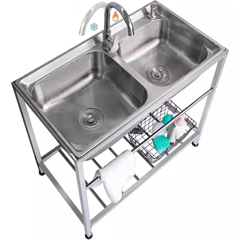 Outdoor utility sink stainless steel double bowl sink free standing commercial restaurant kitchen sink with hot and cold faucet