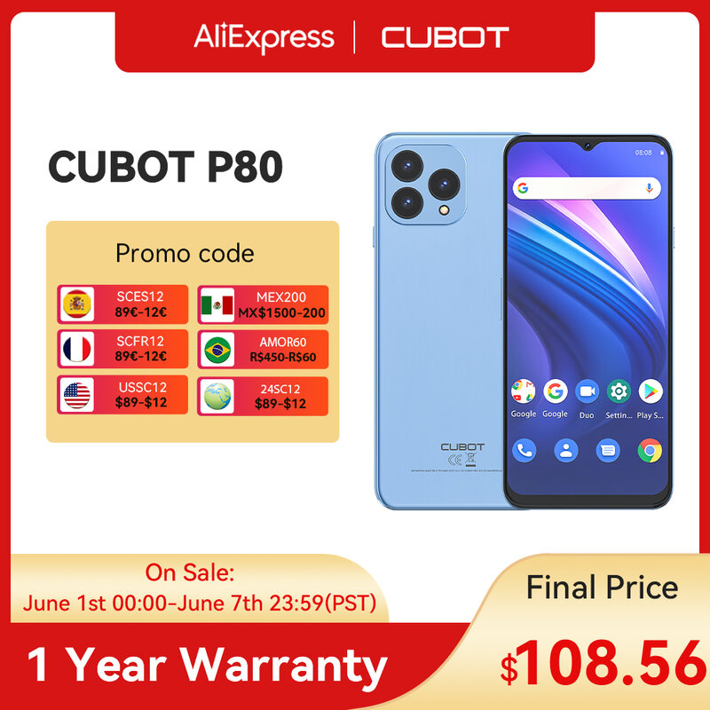 Cubot P80 Smartphone Global Version 6.583" FHD+ Screen 8GB+256GB 48MP Camera Android13 5200mAh Battery GPS NFC Mobile Cell Phone