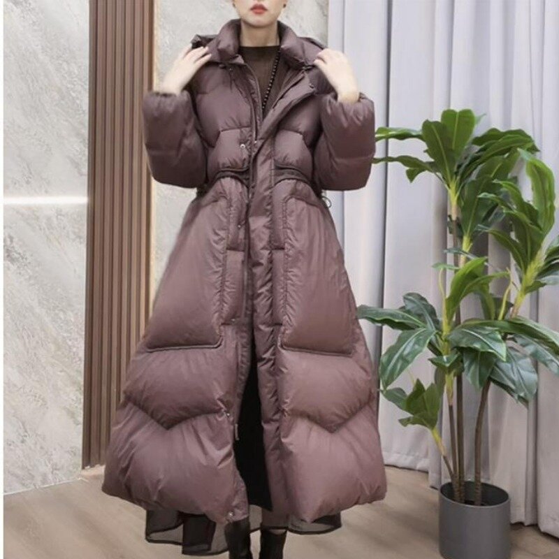 Chaqueta de plumón para mujer, abrigo holgado de longitud media, cálido, con capucha, a la moda, novedad de 2023