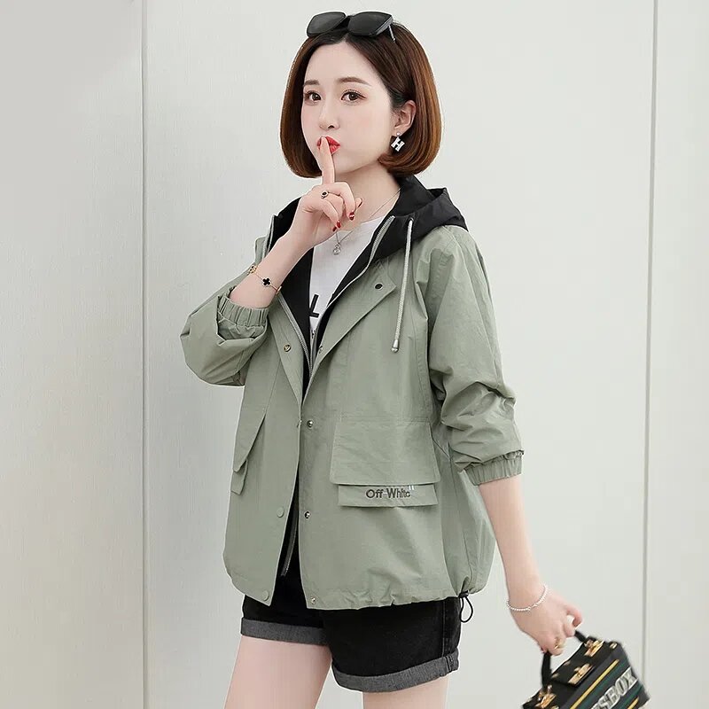 NEW 2023 Spring Autumn Jacket Korean Style Women's Coat Tops Fashion Zipper Casual Short Hooded Windbreaker Outerwear Female