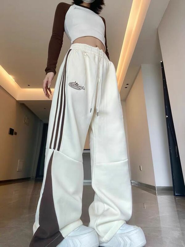 Women's Spring and Autumn American Vintage Wide Legged Pants Loose and Casual Versatile Sports Personality High Waist Straight L