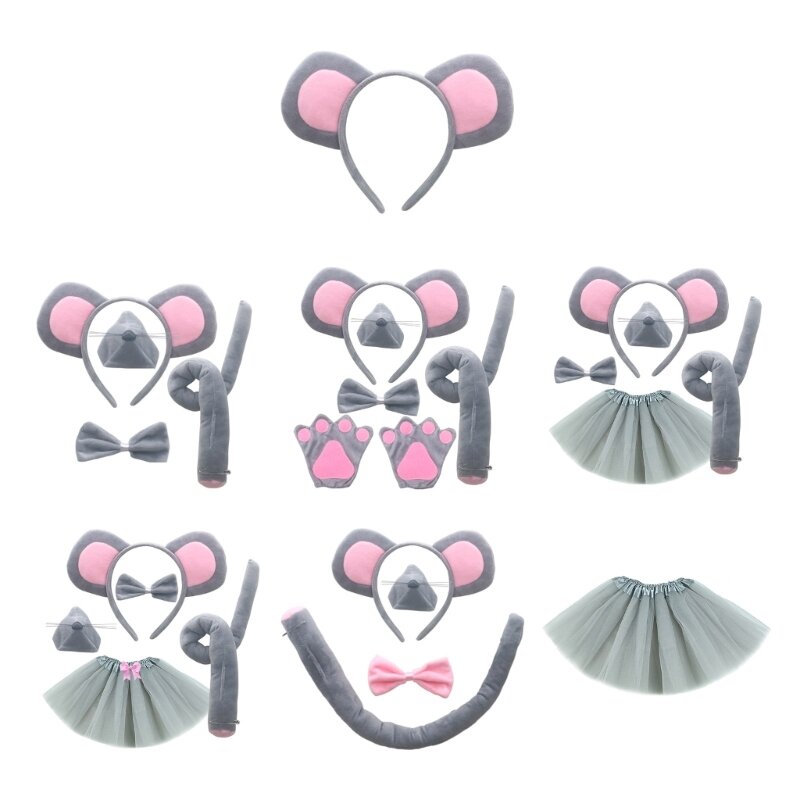 Mouse Ears and Headband Set para Crianças, Tail Bow Tie, Luvas de Nariz, Saia Tutu, Halloween, Natal, Animal Cosplay Costume
