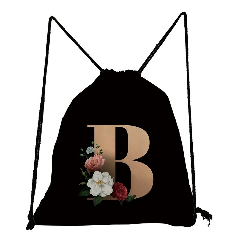 Czarny złoty A-Z alfabet torba ze sznurkiem Unisex sportowy plecak na siłownię lekki minimalizm kwiat hurtowy spersonalizowany poliester