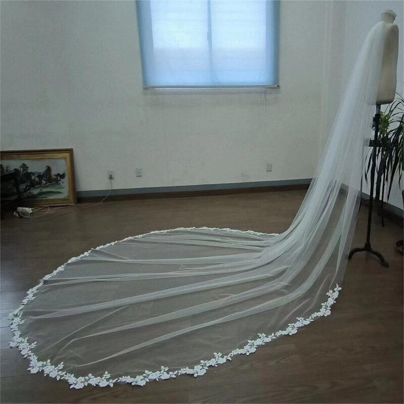 Real Photos Long Lace Appliques Wedding Veil White Ivory Cathedral 1 Layer Bridal Veil 3.5 Meters Bride Veil Wedding Accessories