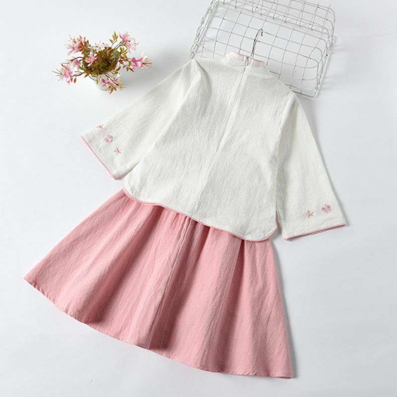 Novo hanfu meninas primavera e verão crianças traje vestido 3-12 anos de impressão floral princesa vestido conjunto
