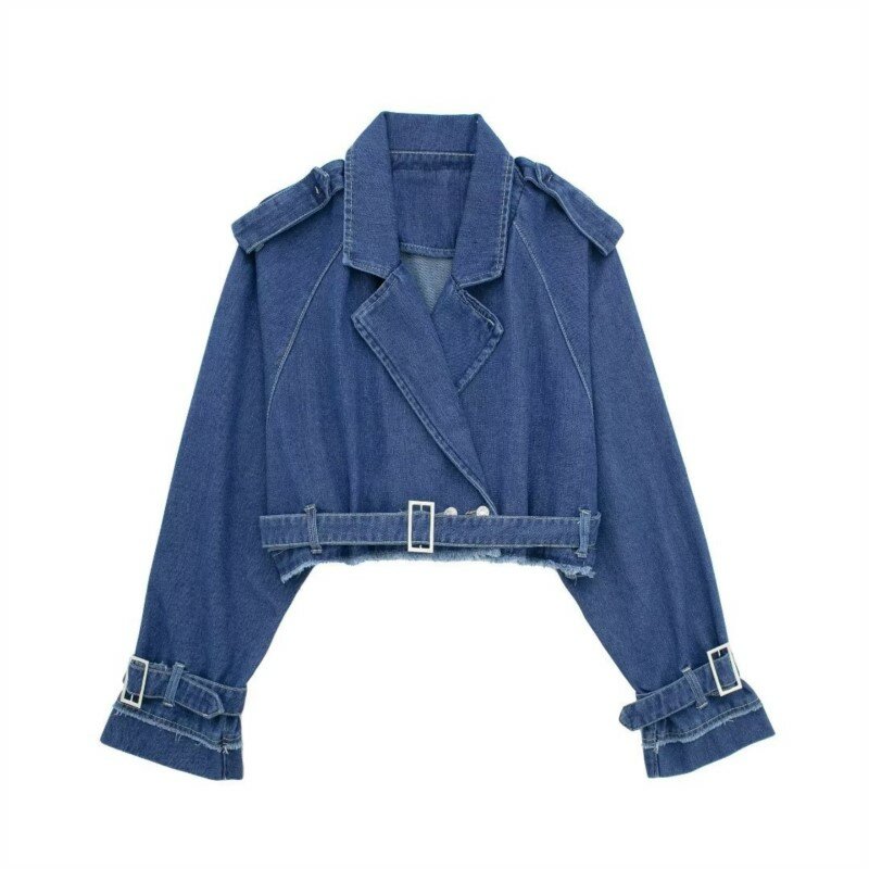 2024 wiosenna klapa karbowany kołnierzyk niebieska dżinsowa kurtka Vintage damska obszyta pasek na klamrę drapowana płaszcz dżinsowy fajna odzież wierzchnia 3 kolory