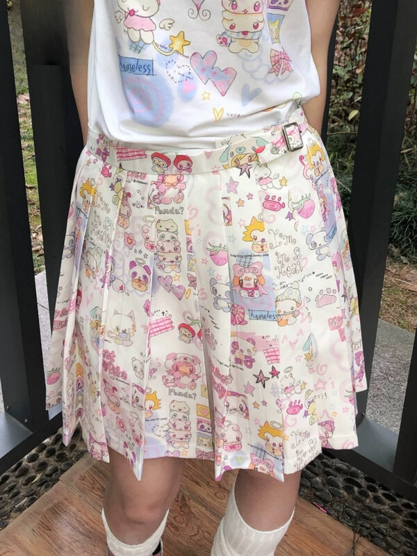 HOUZHOU Y2k rok Harajuku pakaian jalanan Wanita mode Jepang Kawaii manis lucu kartun cetak rok lipit lembut Musim Panas 2024
