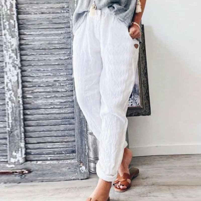 Elegant Solid Color Cotton And Linen Women's Pants With Pockets Spring And Summer Elastic Waist Loose Casual Trousers For Female