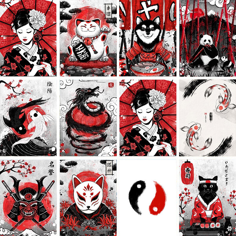 Toile de dessin animé japonais, chat Ramen, nostalgie, samouraï, affiches imprimées, Art mural pour salon, décoration murale, Cuadros