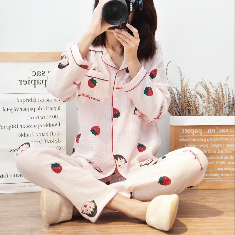 Nursing Pijamas Suit Cotton-washed Crepe Spring Summer Lapel Fall Thin Soft Breathable Confinement Clothes Loungewear Sleepwear