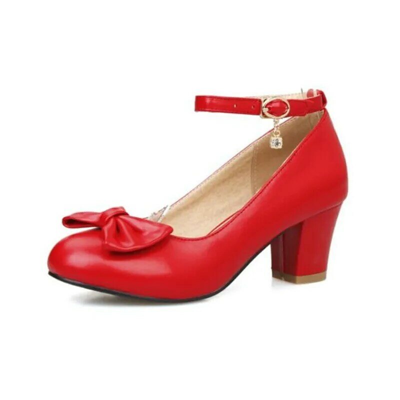 Kokardki dziewczęce modne damskie czółenka 6cm masywne szpilki na wysokim obcasie buty czerwone czarne wesele biurowa, damska wiosenne buty z paskiem na kostkę